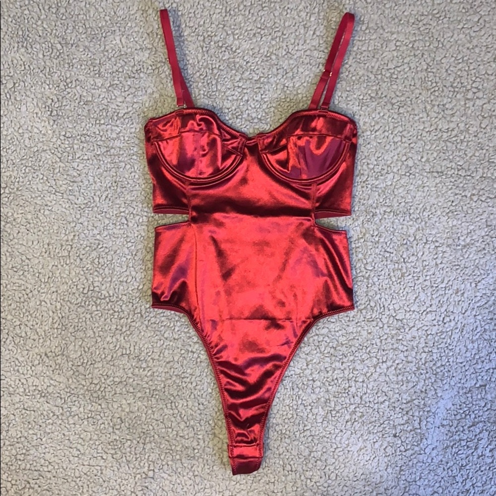 SOLD...NWOT Maroon Satin Cut Out Bustier Bodysuit